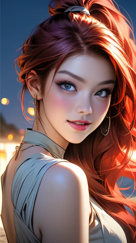 araffes with Red Hair is getting her hair done, Purple highlights, Red Hair, UV highlights, flowing, masterpiece, 最high quality, high quality, High resolution､((Pose＿random)), The line of sight is this、((ponytail)), ((At the beach at night)), Pose＿random, ...