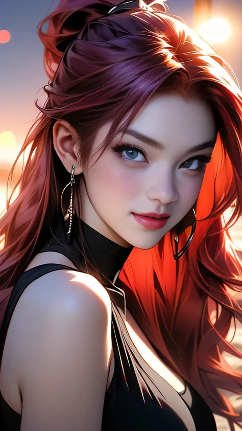 araffes with Red Hair is getting her hair done, Purple highlights, Red Hair, UV highlights, flowing, masterpiece, 最high quality, high quality, High resolution､((Pose＿random)), The line of sight is this、((ponytail)), ((At the beach at night)), Pose＿random, ...