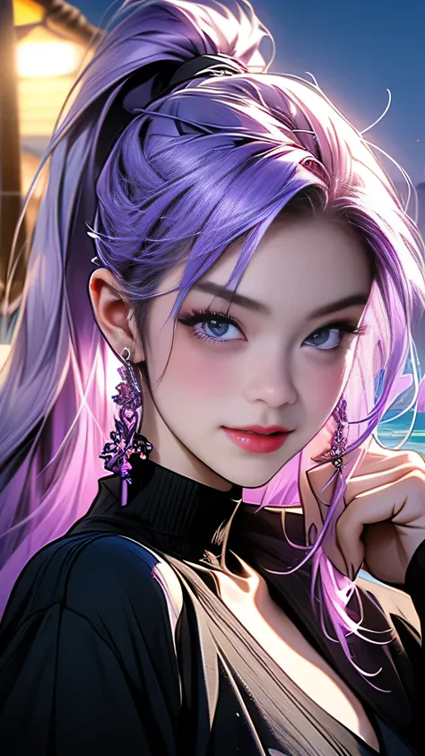 araffes with Purple Hair is getting her hair done, Purple highlights, Purple Hair, UV highlights, flowing Purple Hair, Purple long hair, Lilac Hair, Bright rainbow hair colors, masterpiece, 最high quality, high quality, High resolution､((Pose＿random)), The ...