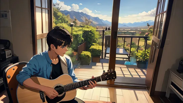 Setting: Cozy room with a view, smell of fresh coffee, warm atmosphere, BREAK Characters: One boy, Cody Christian, 20 years old, short black hair, holding a guitar and looking into the distance, blue eyes, (brown skin: 1.3), cute boy, BREAK Clothing: Casua...