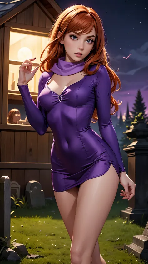 daphne blake with scooby doo, beautiful and delicate sexy woman, joven, ginger hair, ojos color violeta, minivestido color púrpu...