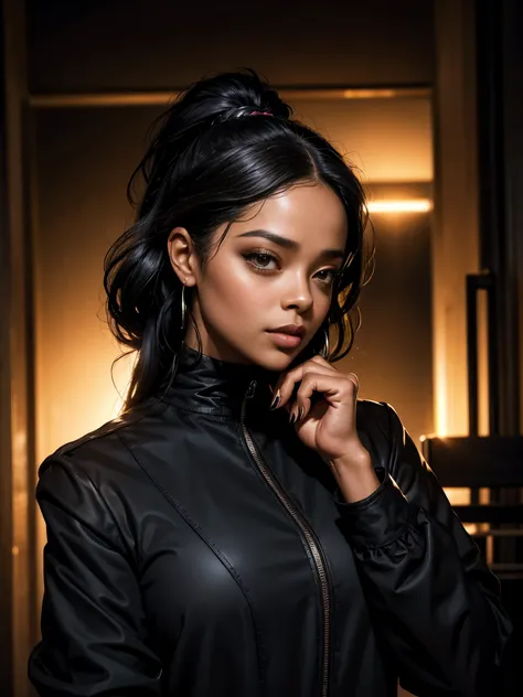 arafed woman with a black shirt and a black jacket, selfie of a young woman, tessa thompson inspired, with professional makeup, glowy, profile image, sexy face with full makeup, detailed flawless face, sultry look, perfectly lit face, headshot profile pict...