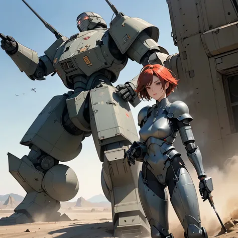 nsfw, anime screencap, 16k, perfect anatomy proportion body, perfect hands, action, A dynamic composition with a sense of speed and movement, (open cockpit, Ride a giant, heavily armored military robot:1.6), a wife, 40age, perfect beautiful delicate sexy f...