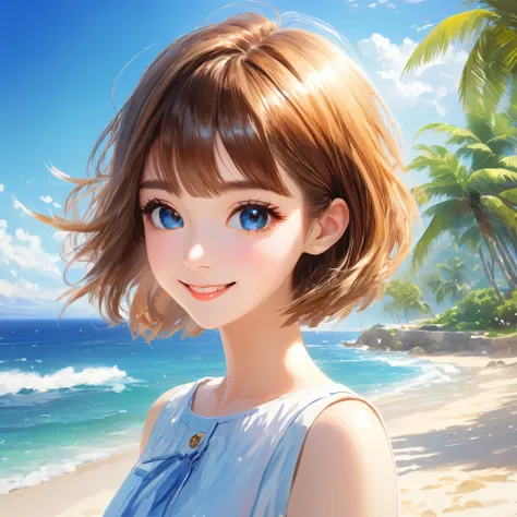 Sparkling sea and tropical ocean, Sunny sky with fluffy white clouds, Palm trees along the coast, Blur the background,Pleasant sea breeze,High school girls,short hair,smile,Glitter effect,highest quality, 4K, 8k, High resolution, masterpiece:1.2, Very deta...