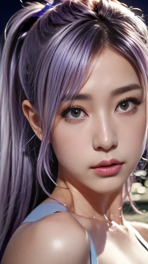 (((Face close-up)))､araffes with Purple Hair is getting her hair done, Purple highlights, Purple Hair, UV highlights, flowing Purple Hair, Purple long hair, Lilac Hair, Bright rainbow hair colors, masterpiece, 最high quality, high quality, High resolution､(...