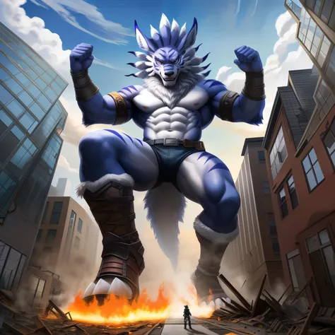 (masterpiece. official art. 8k. best quality. detailed full body. full body.)

(situation 1 : dominating weregarurumon. GIANT weregarurumon is fiercely stomping the CITY. macro. stomp. emphasizing the immense size. giant art. He is much bigger than a skysc...