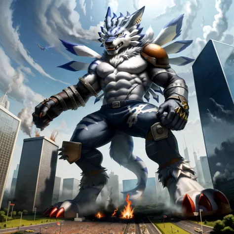 (masterpiece. official art. 8k. best quality. detailed full body. full body.)

(situation 1 : dominating weregarurumon. GIANT weregarurumon is fiercely stomping the CITY. macro. stomp. emphasizing the immense size. giant art. He is much bigger than a skysc...