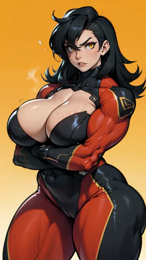 mad girl black hair yellow eyes pale skin long hair large breasts huge muscles skintight (bold outlines bold outlines bold outlines)