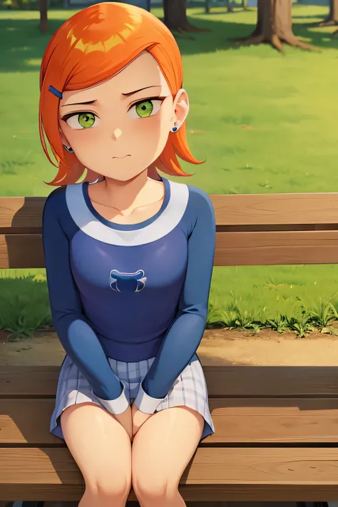 Adult Gwen setting in the park on bench
