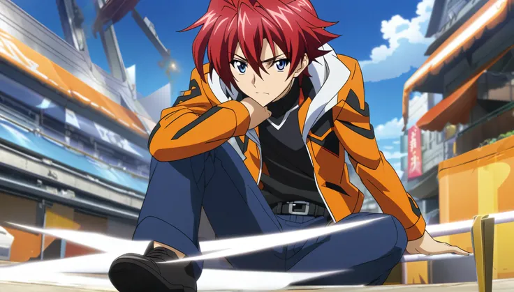 Red hair, Blue eyes, Male, Boy, Cross Ange Styles, 1Male, Anime, Black shirt, Orange jacket, Black belt, Blue long pants, Leather shoes, Anime styles