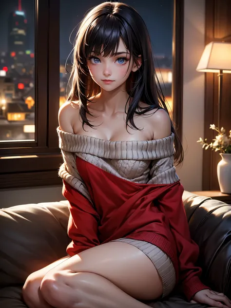 Masterpiece, best quality, high resolution, ultra detailed, slight smile, a woman long dark hair with bangs, light blue eyes, a beautiful girl looking at the camera, Frontal view, ((off-the-shoulder light red sweater,)) bare legs, night, warm interior room...