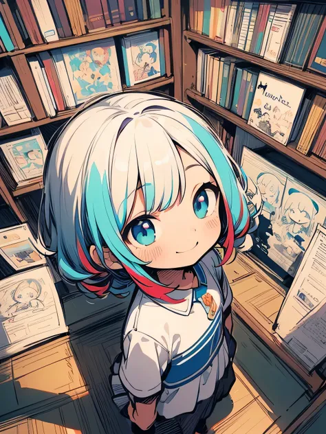 (from above:1.3),(chibi),(wariza),solo,(multicolor loose side drill hair),(very short bluntbangs),(looking away:1.3),(big smile),curators uniform,library,(manga style),(sketch),(illustration)