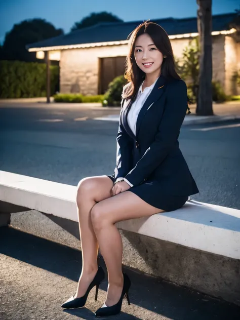 Best Quality, masterpiece, Realistic, High resolution, [8K RAW Photos,Alone, 1 person, Medium length hair、Sitting on a bench、Slim figure、face away、Grin,High heels、skirt、((Midnight:1.5))、Shooting with flash、Company uniform