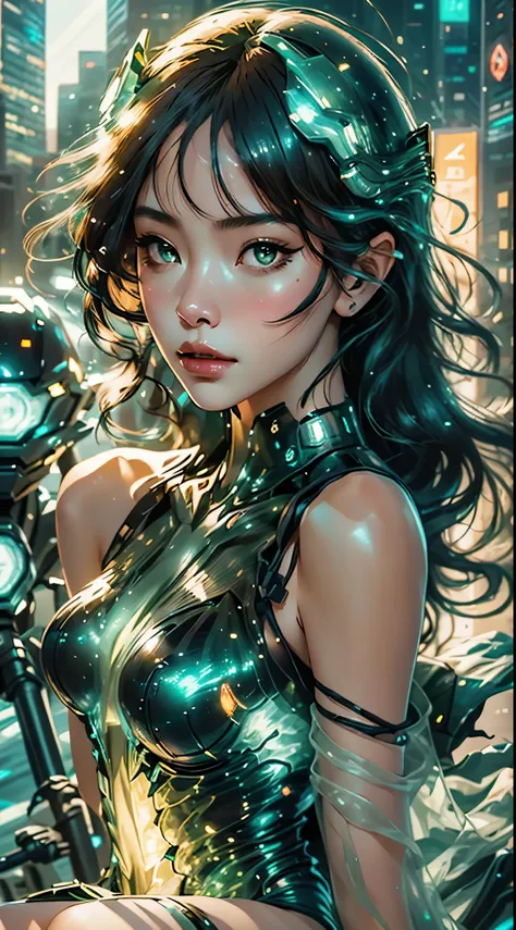 Highest image quality, outstanding details, ultra-high resolution, (realism: 1.4), the best illustration, favor details, highly condensed 1girl, with a delicate and beautiful face, dressed in a black and green bikini, wearing a mecha helmet, holding a dire...