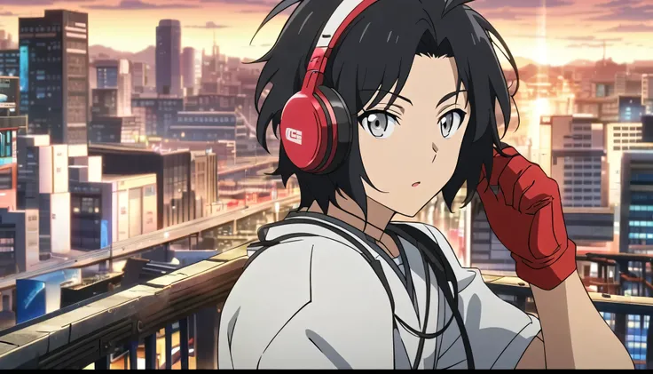 male, Black hair, Grey eyes, White School outfit, Red right Glove, Headphone, City Background, Anime Style, Original, Tensura Style