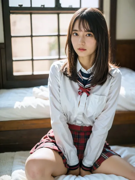 ( masterpiece, top quality, best quality,8k, girl,ultra detailed,raw photo), High detail, Best quality, dynamic angle, Detailed face,Detailed eyes,Beautiful Brown eyes,large breasts,(1girl), parted bangs, schools uniform ,((innocent)),((Natural skin withou...