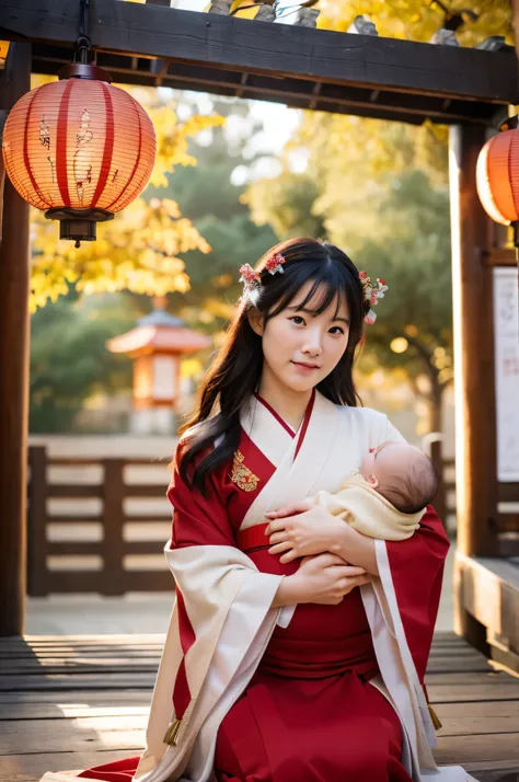 
nsfw, (8k, RAW photo, best quality, masterpiece:1.2), (realistic, photo-realistic:1.4), (extremely detailed CG unity 8k wallpaper), A Japanese woman dressed in a traditional kimono is sitting on the steps of a shrine, breastfeeding her baby. The red torii...