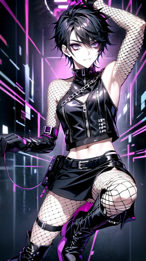 ((One Boy)),((Fem Boy)),((crossdresser)),Black Short Hair,Slender body,((full body)),((Flat Chest)),sleepy,dissatisfaction,Irritation,a close up of a boy in a skirt and boots, goth punk clothes, punk rock clothes, punk outfit, goth aesthetic, goth girl aes...