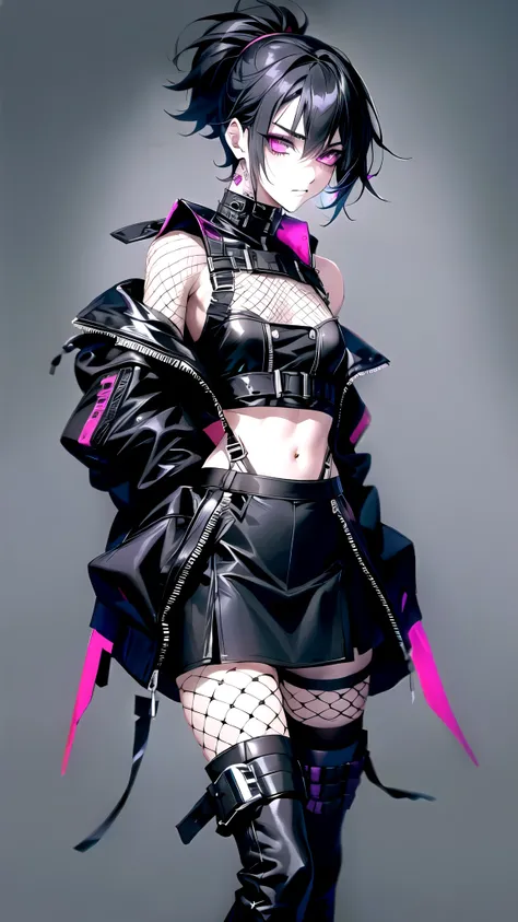 ((One Boy)),((Fem Boy)),((crossdresser)),Black Short Hair,Slender body,((full body)),((Flat Chest)),sleepy,dissatisfaction,Irritation,a close up of a boy in a skirt and boots, goth punk clothes, punk rock clothes, punk outfit, goth aesthetic, goth girl aes...