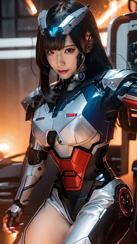 advanced details, high quality, better quality, High resolution, 1080P, hard disk, beautiful,(Iron Patriot),Beautiful cyborg woman,Mecha Cyborg ,battle mode,She wears futuristic clothes ,Iron Patriot,Mecha,Full body view from the front,A powerful cyborg wo...