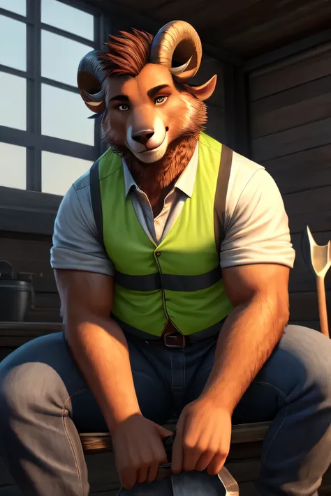 Anthropomorphic, male, ram, Hi visibility vest, flannel shirt, jeans, 5 fingers, pudgy, male, smiling, cinematic angle,detailed facial features, detailed lighting, big butt, masterpiece, detailed, realistic, perfect anatomy, perfect shading, realistic fur,...