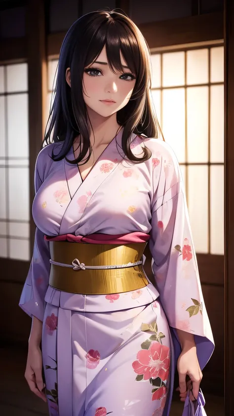 Beautiful woman in floral ((yukata)), Small, You can see the bra, Beautiful face, Strong-willed eyes, Medium long, brown haired, Tatami room, traditional Japanese room, 8K picture quality, Best Quality, masterpiece, super A high resolution, (Photorealistic...