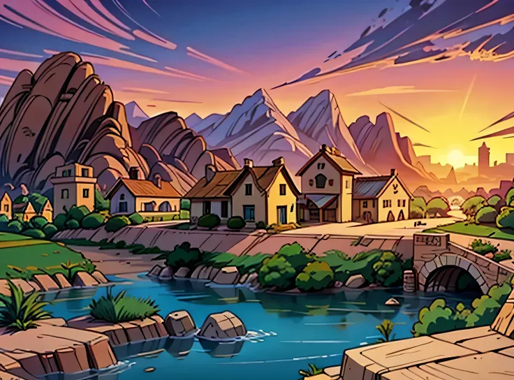 Cartoon, 2D, dc animation, A small village, there are some houses in the background. THE SCENERY IS A DESERT 