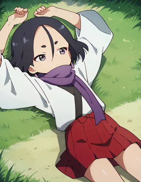 Fuki, shiny skin, purple scarf, white kimono, red skirt, best quality, closed mouth, solo, closed mouth, solo, lying, on back, on grass, arms up, spread arms, expressionless, cowboy shot, center,