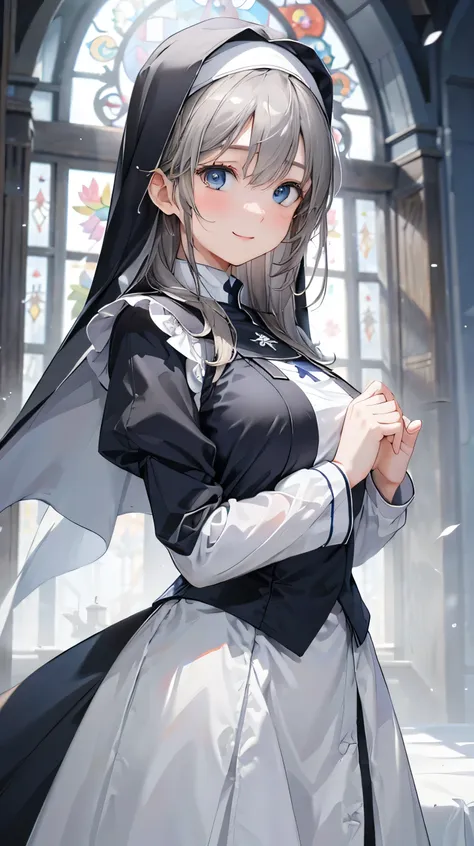 8k resolution,((Best Quality)),Ultra-high resolution,Adult women, Alone, sexy, (A kind smile), (Blue eyes), A beautiful, symmetrical face, (Gray neat long hair),Elegant nun clothing,Long skirt,White nun hood,Realistic:1.4,Realistic:1.4,(masterpiece:1.2),Pe...