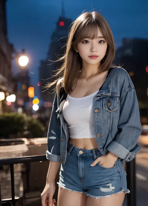 Semi-long hair:1.3, Denim shorts:1.2, Beautiful night view