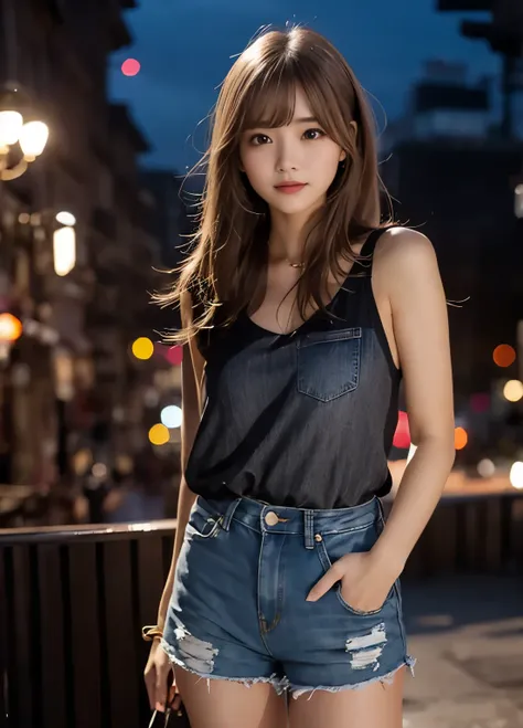 Semi-long hair:1.3, Denim shorts:1.2, Beautiful night view