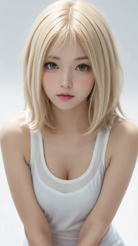 (((Shoot from above、amount、Chubby、Round face、Tank tops、See-through、White blonde Hair、Northern Europe、White、beautiful girl、blonde、White background、cute、young、True Face、Shiny Hair、whole body)))、Tabletop, Best Quality, shape, Very detailed, finely, High resol...