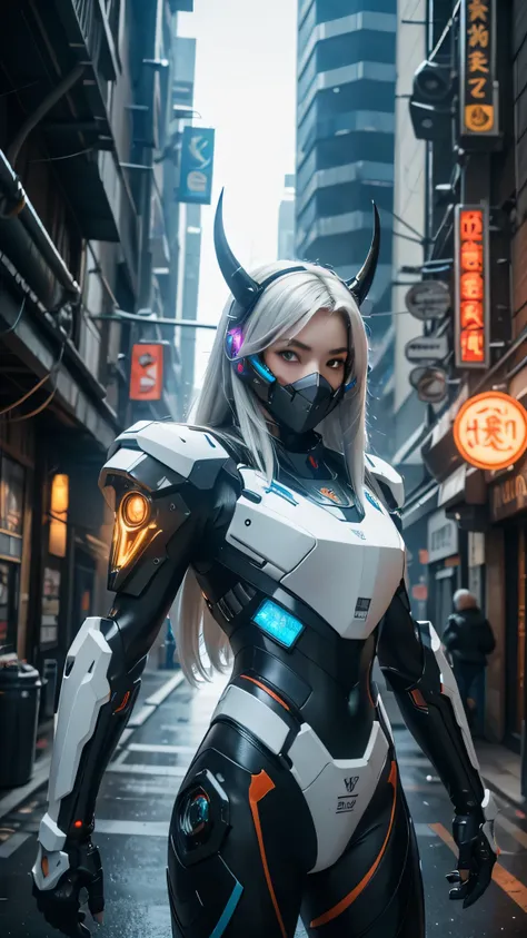 1girl, a beautiful girl cyborg cyberpunk with a cyberpunk city tall buildings, white hair, cybermask, white and orange and black machine suit color combination, the body full of machine, realistic futuristic hologram, asian skin tone, beautiful eye, beauti...