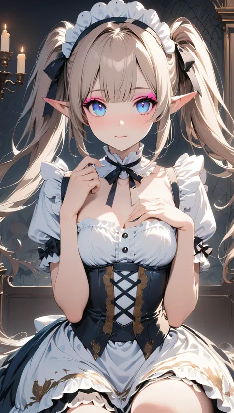 ((masterpiece )), (Best Quality), (Best Quality), ((Very detailed, 8K quality)), aesthetics, Volumetric lighting, (Detailed line drawing), 
break, 
Very detailed (Elf), (One girl), Perfect Face, Details, Double Pigtails, Blunt bangs, (Hair between the eyes...