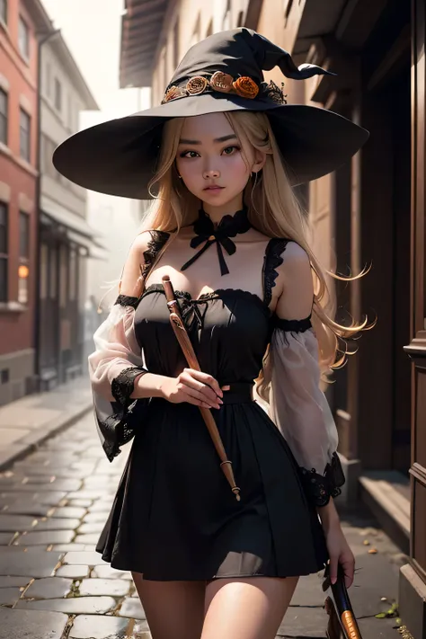 An ultra-realistic photograph captured with a Sony α7 III camera, equipped with an 85mm lens at F 1.2 aperture setting, photorealistic, In a Halloween-themed alley, a young japanese blonde girl captivates in her witchy ensemble. Her modest halloween dress,...