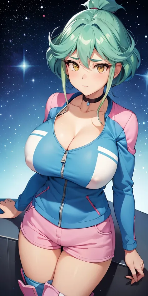 1 Female,High definition,high resolution,Ultra-realistic,8K, rin_arc_v,blue jacket,long sleeves,black choker,pink shorts,white thighs boots, multicolored hair,yellow eyes,European,sexy,Upper body close-up,Photographed from the front,Dynamic Angles,private ...