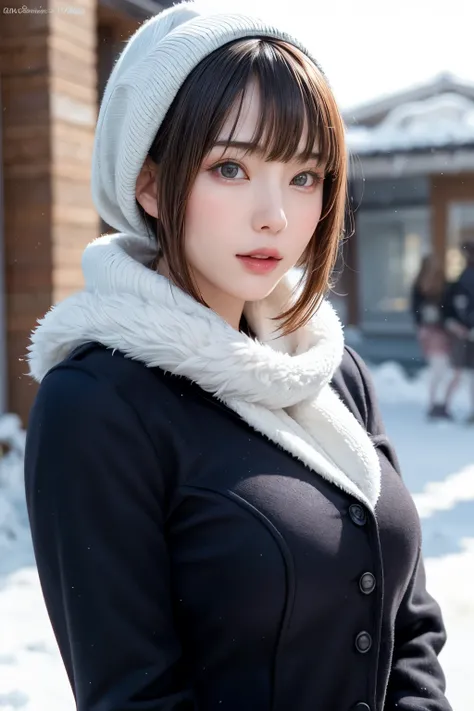 (masterpiece, Best Quality),One Girl, Alone, Black-haired, scarf, Have, Realistic, Realistic, Gazing at the audience, Light-coloured black eyes, Short Brunette Bob, Brown coat, Winter clothes, White headscarf, Lips are banned, Outdoor, Mouth closed, Upper ...