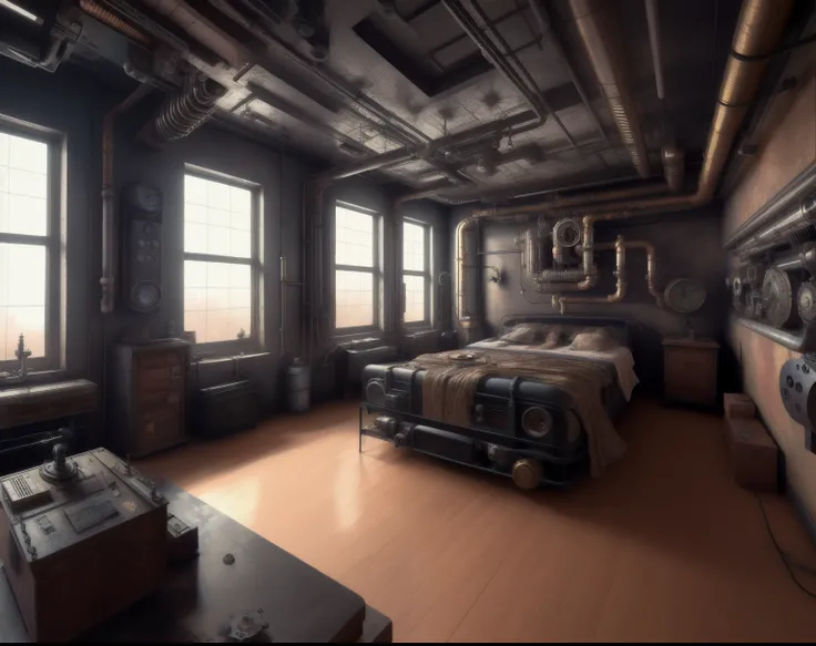 4K,high resolution,masterpiece，Top art style，Steampunk style room，Its detailed and complicated structure，valve，pipeline，Crankshaft，piston