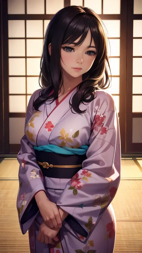 Beautiful woman in floral ((yukata)), Small, You can see the bra, Beautiful face, Strong-willed eyes, Medium long, brown haired, Tatami room, traditional Japanese room, 8K picture quality, Best Quality, masterpiece, super A high resolution, (Photorealistic...