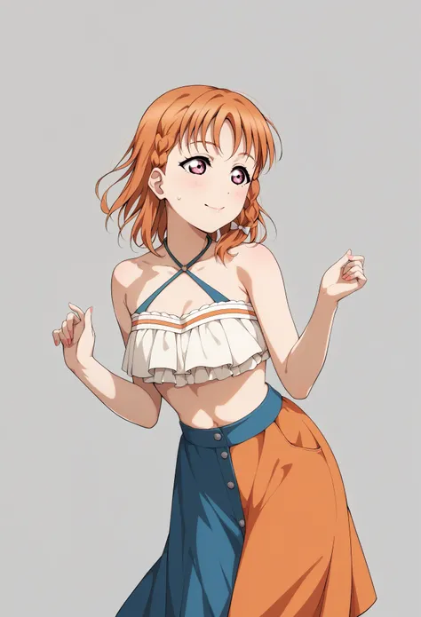 masterpiece, best quality, love live art style, takami chika , orange hair, medium hair, pink eyes, side braid, skirt bikini, halter neck crop top 