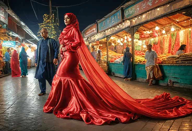 woman shrouded in a 10-meter-long, plush red semi transparent satin shimmer cloth, tightly bound and grandly draping along the form of her body, flowing off into a pooled floor-length train, styled in a mermaid-inspired outfit, her head modestly veiled in ...