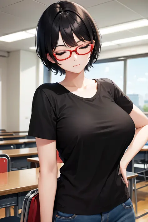 Short black hair、Red glasses、Big Breasts、Black T-shirt、Cute Girls、high school student、classroom、Rear view、Arms crossed、Eyes closed