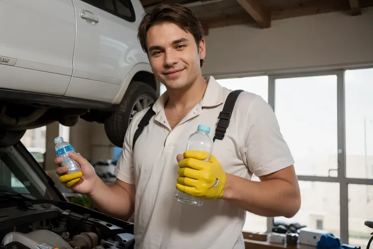 a happy male mechanic working, Next to it a bottle of water and a cookie 
