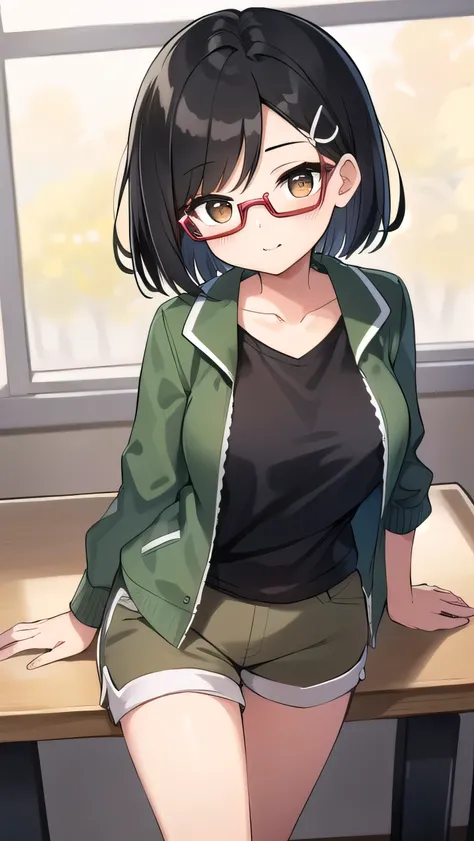 Long bangs, black hair, red glasses, brown eyes, (large breasts: 0.9), short hair, boyish, green jacket, brown T-shirt, (white shorts: 1.2), elementary school student, very short, hairpin, young face, strong-willed personality, , young girl, round eyes, lo...