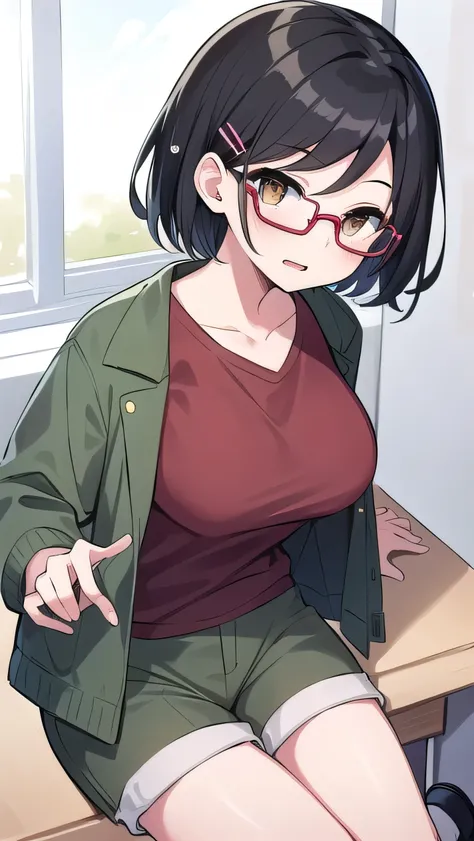 Long bangs, black hair, red glasses, brown eyes, (large breasts: 1), short hair, boyish, green jacket, brown T-shirt, (white shorts: 1.2), elementary school student, very short, hairpin, young face, strong-willed personality, , young girl, round eyes, long...