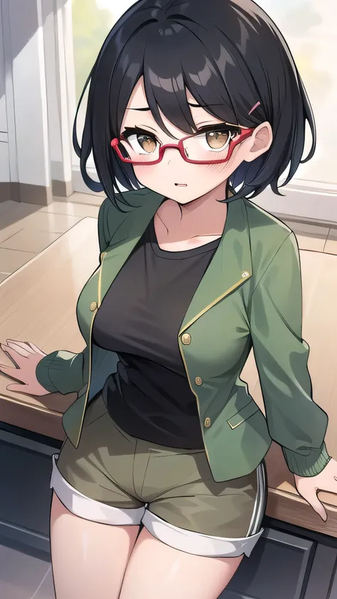 Long bangs, black hair, red glasses, brown eyes, (large breasts: 1), short hair, boyish, green jacket, brown T-shirt, (white shorts: 1.2), elementary school student, very short, hairpin, young face, strong-willed personality, , young girl, round eyes, long...