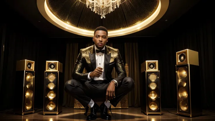 black man with several gold and diamond speakers around him