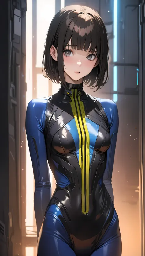 ((masterpiece,best quality anime:1.3,Best Quality)),realistic,cowboy shot,portrait,1woman,young adult,((one curl bob cut hair)),bangs,black hair,((very small head:1.4)),gray eyes,gorgeous big eyes,shy,((very long body:1.4)),medium breasts,(skinny,slender b...