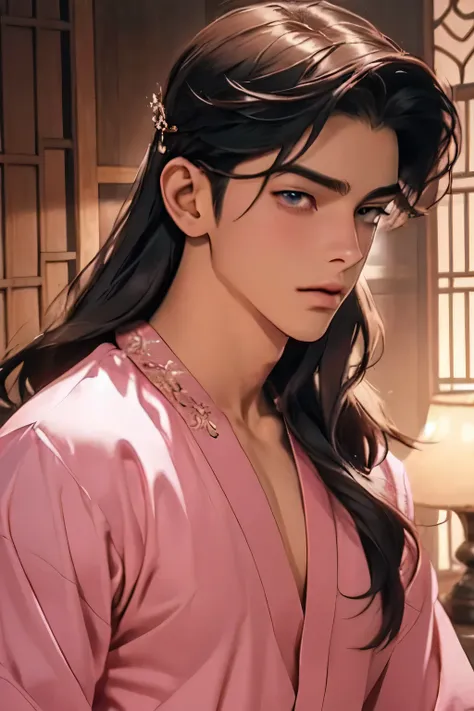 handsome youngman,apsara pink clothes,ornamental feminine big hairpins,concubine,sexy,muscular,gorgeous eyes,datailed face,twink...