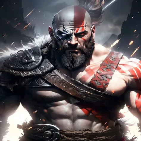 a close up of a man with a beard and a sword, portrait of kratos, kratos, god of war, god of war 2 0 1 8, dwayne johnson as kratos, dwayne johnson as god of war, sam hyde in god of war 4, emma watson as kratos, epic video game art, film still from god of w...